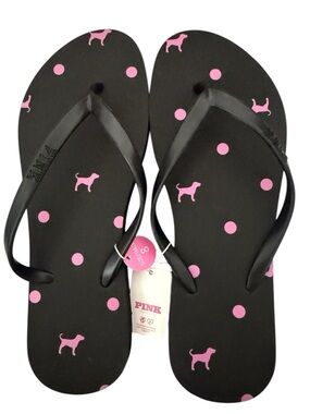 PINK Victoria’s Secret Black Flip Flops with Pink Dog & Polka Dot Print